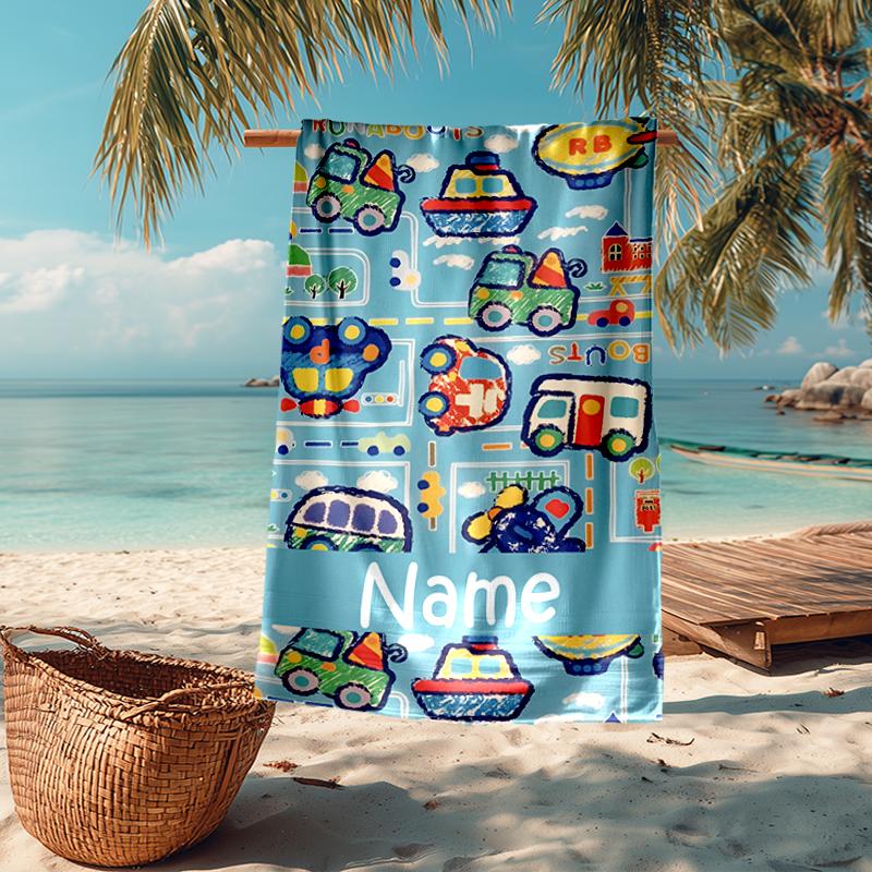 Custom Name Ultra-Soft Beach Towel with Cute Cars Theme,Ideal for Pool - Camping, Diving - Perfect Travel Essential, Vibrant Beach Towel.