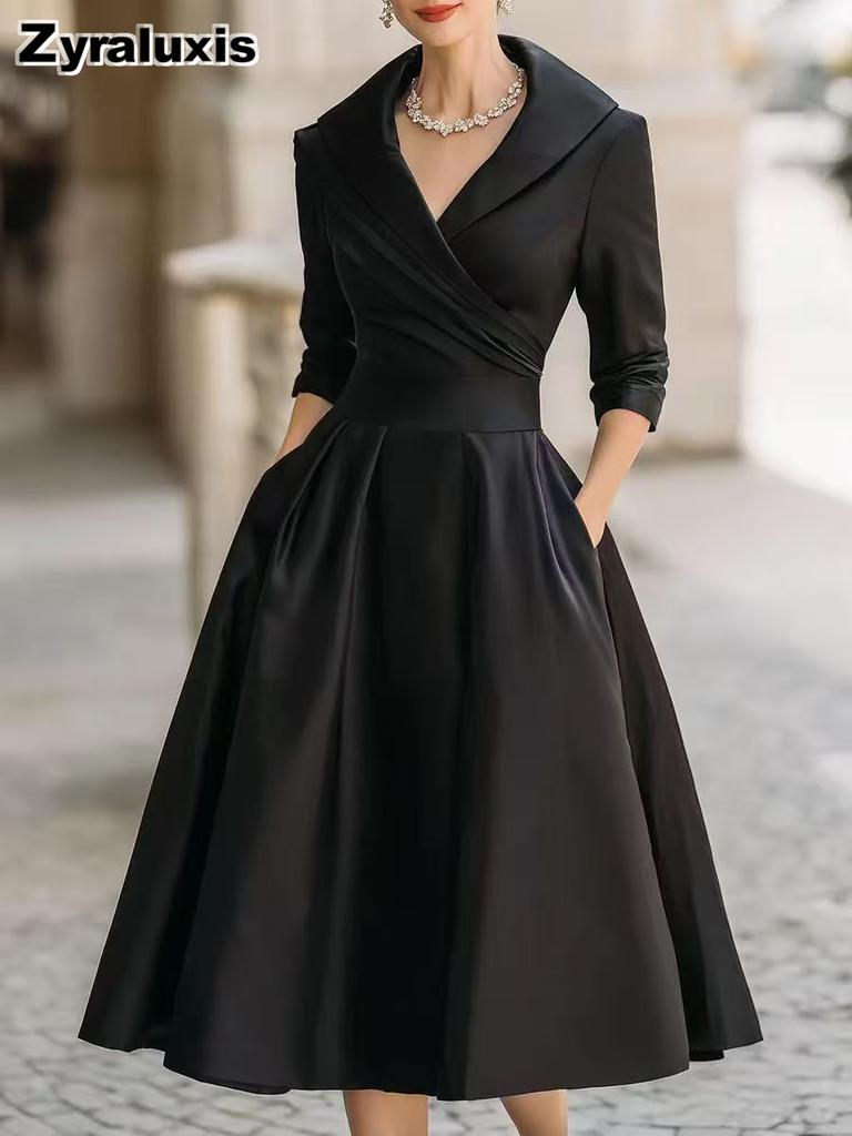Moda Nuovo Abito Stile Hepburn Vita Alta Dimagrante Manica Lunga Completo Vestito