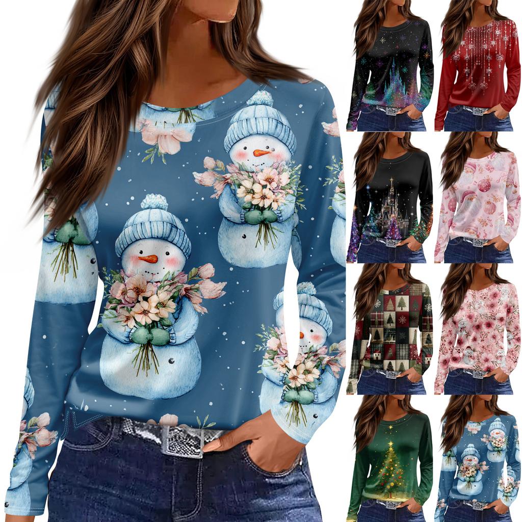 Dame Mote Casual Slitt Kant Rund Hals Langermet Løs Trykket T-skjorte Topp