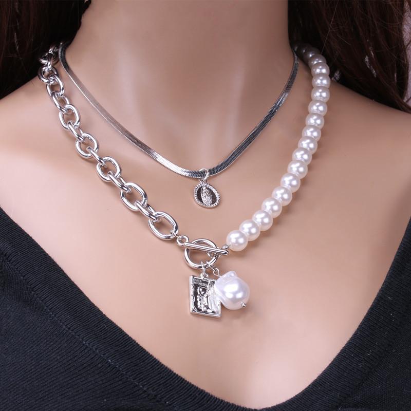 Fashion Chain Pearl Necklace For Women Baroque Pearl Metal Charm Pendant Necklaces Choker Snake Chain Zircon Gold Copper Color