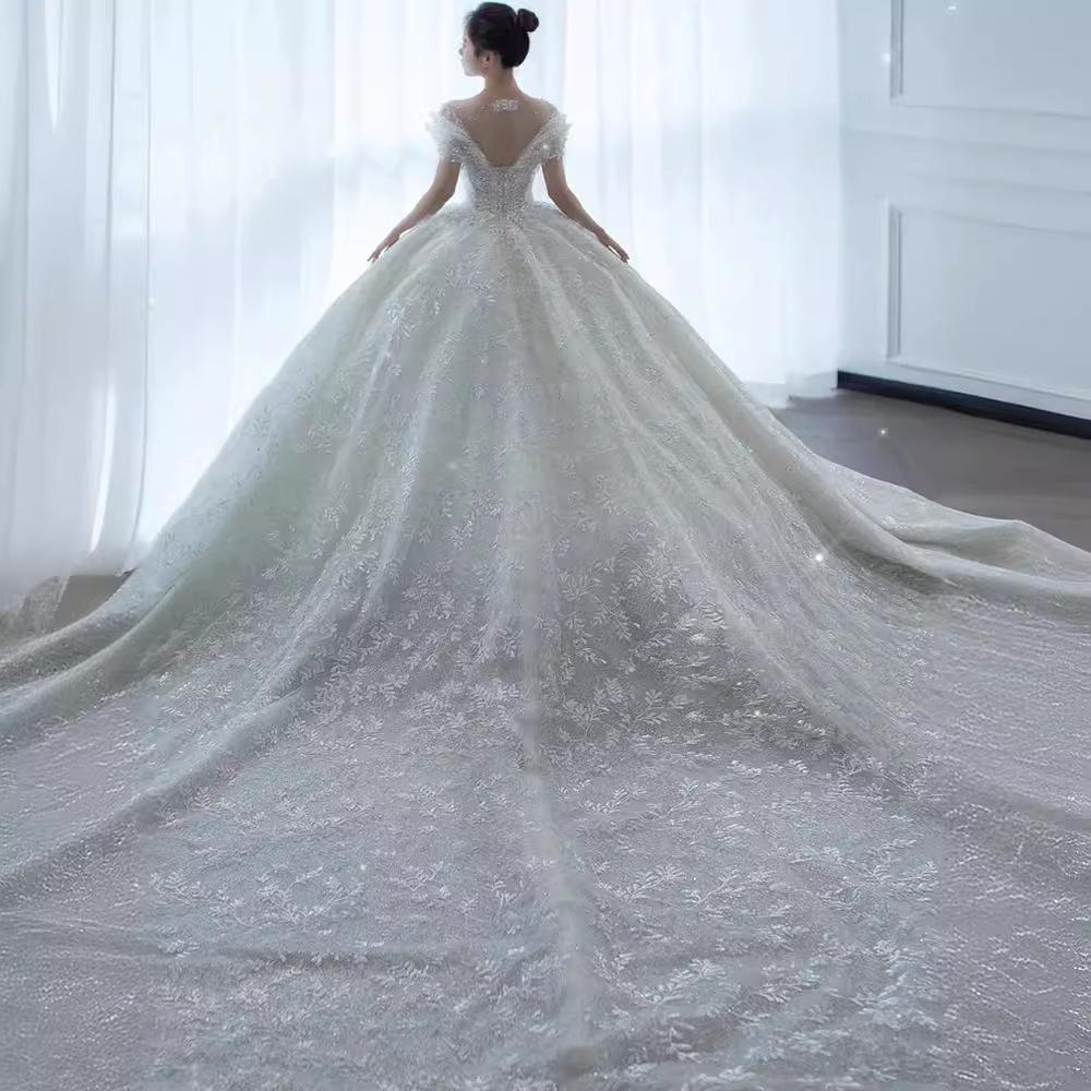 2025 French Luxury Wedding Dress for Petite Pregnant Bride - Princess Style with Train and Heavy Embroidery (D102)