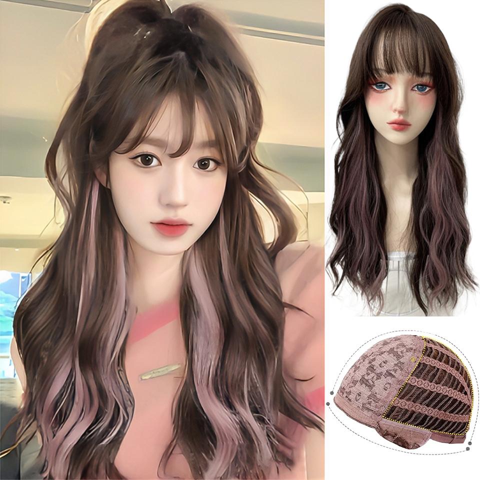 

Синтетический парик Длинные кудри Коричневые висячие уши Цвет волос Окрашенный сверху черный парик с челкой Женская мода Термостойкий