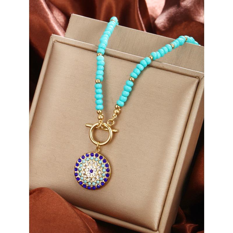 

French retro 14k gold plated stainless steel turquoise necklace for women