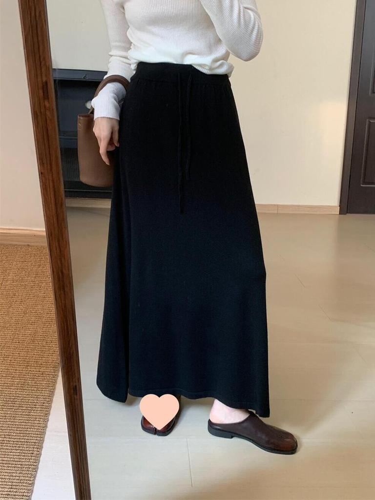 Korean Style High Waist Knitted A-Line Midi Skirt for Women