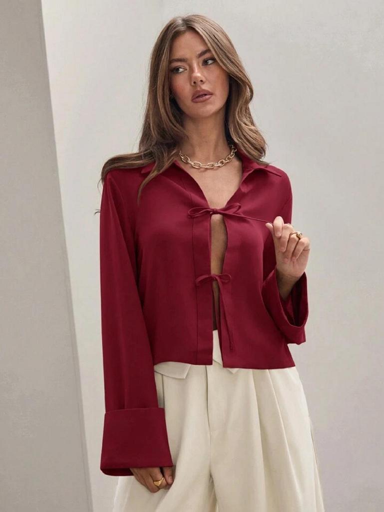 Women's 2025 Spring/Summer Long Sleeve Bow Tie-Up Cardigan Shirt
