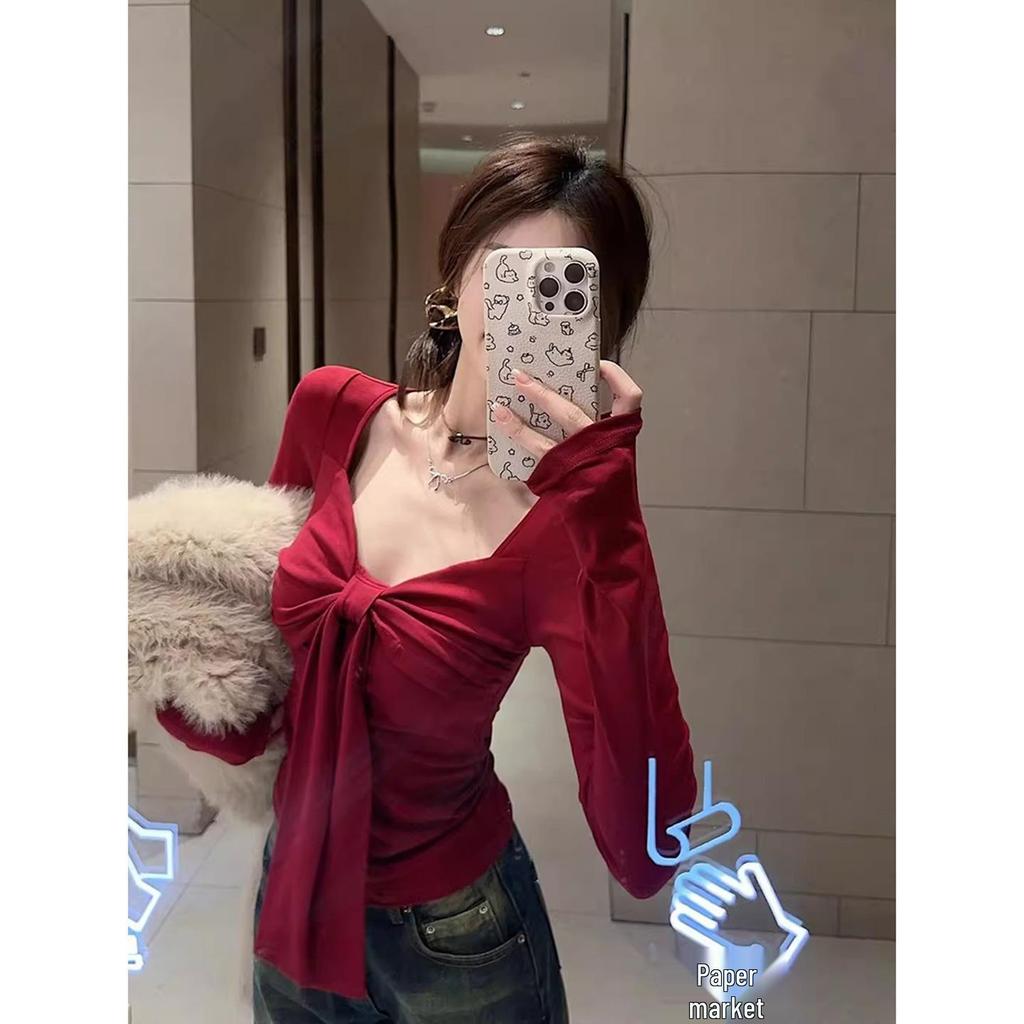 Women's Red Lace-up Bow Long-sleeve Square Neck Slim-fit Top for Autumn/Winter
