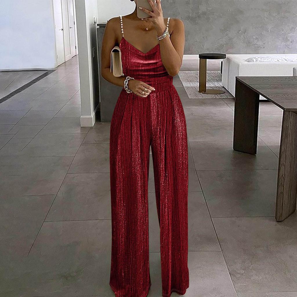 Women's FashionAble And Casual Loose  Color Wide Leg Pants Waist Cinching Elegant Suspender Bead Jumpsuit