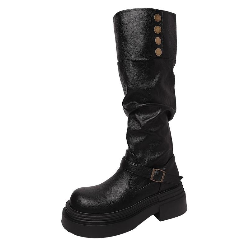 Retro Casual Belt Buckle Back Zipper Fashion Boots 2025 Autumn and Winter New Thick-soled Small Tall Knight Boots Tide