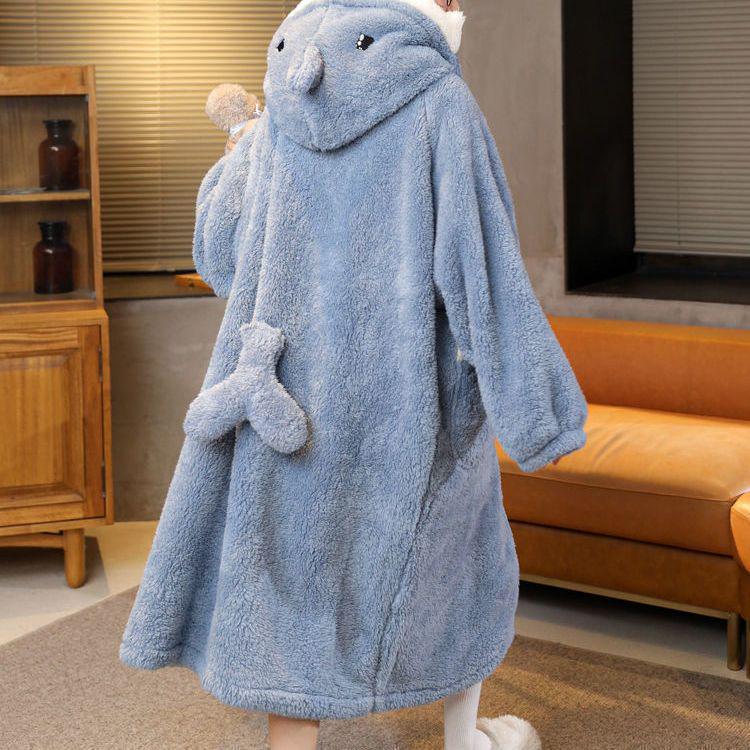 Autumn/Winter Shark Cartoon Hooded Pajama Set - Thick Coral Fleece Two-Piece Homewear