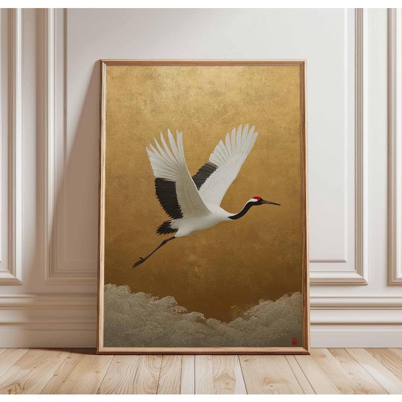 Japanische Elegante Kraniche Natur Poster Fliegende Kraniche in Gold und Weiß Leinwandbild Asiatische Wandkunst Wohnzimmer Heimdekoration