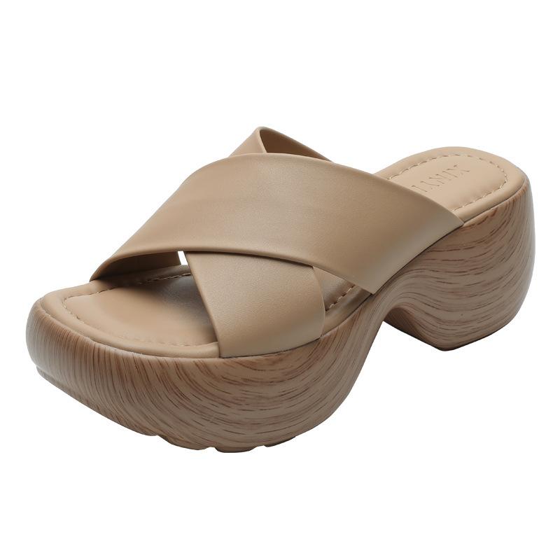 Retro Vacation Style Soft Bottom Cool Slippers Women's Summer New Cross with Thick Bottom Slope Heel Wear High Heel Roman Sandals