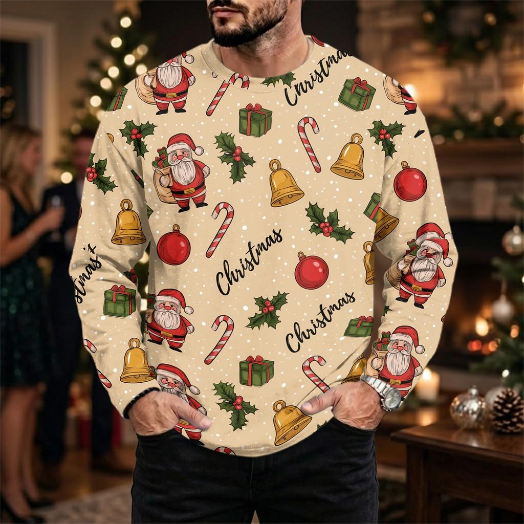 Men's Big Size Loose Fit Long Sleeve Neck T-Shirt with Christmas Print for Winter