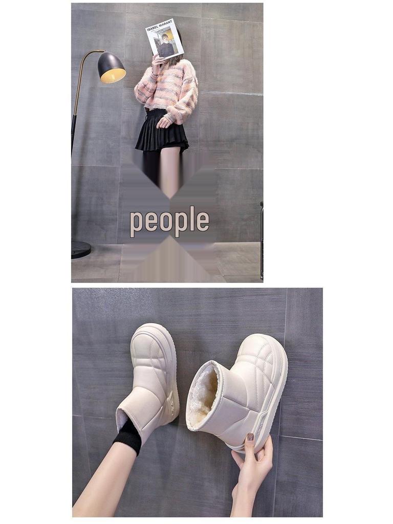 Women's Mid-Calf Thick-Soled Beige Snow Boots - Non-Slip, Cold-Proof, Warm, Plus Velvet.