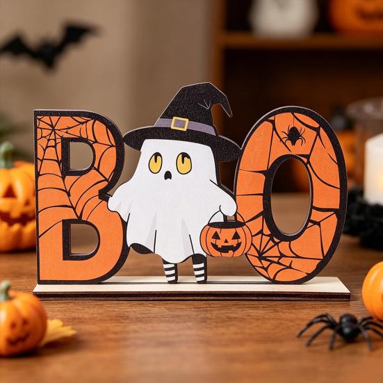 Halloween Home Festive Decor Wooden Table Sign, Cute Pumpkin Boo Ghost Solid Wood Sign Tabletop Centerpiece for Indoor Mantel Fireplace Smooth Holiday