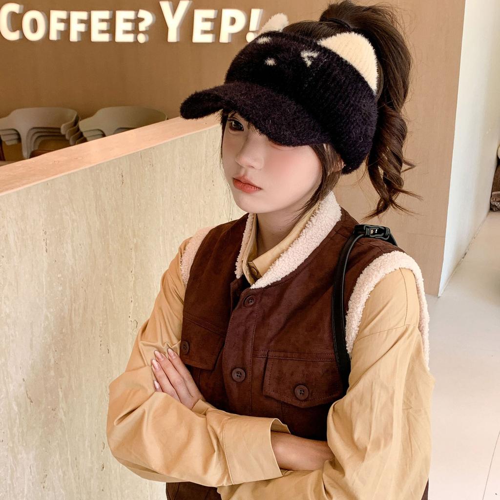 New Style Cycling Ear Protection Plus Velvet Warm Knitted Woolen Hat Versatile Empty Top Peaked Cap for Women In Autumn and Winter