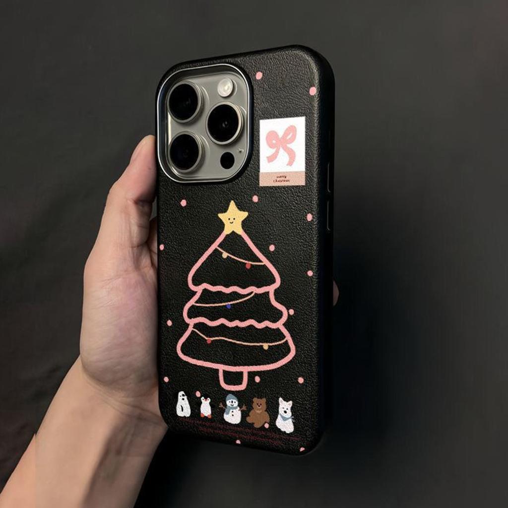 Cartoon Tier Weihnachtsbaum Handyhülle für IPhone Handyhülle mit Schlüsselbandloch Ledertextur Stoßfeste Hülle Schutzhülle