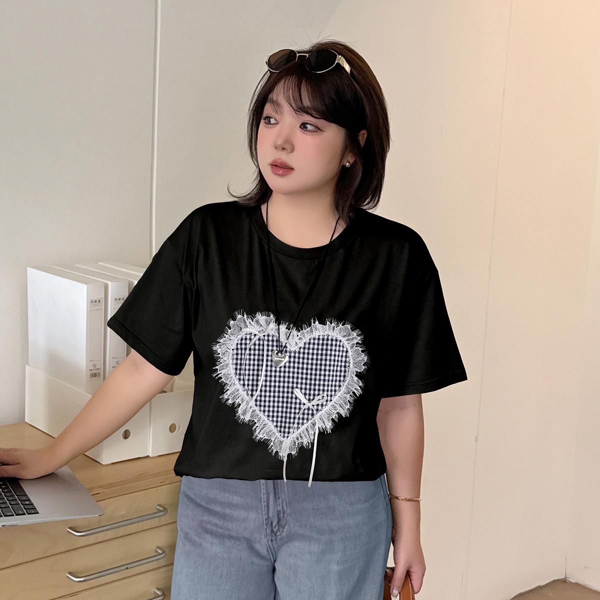 

Spring/Summer Plus Size Women s Heart Embroidery Short Sleeve T-shirt 4XL
