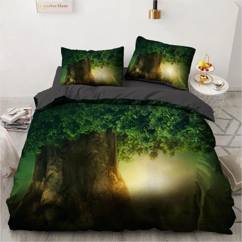 Forest Duvet Cover Magical Woodland Jungle Comforter Cover Dreamy Misty Scene Bedding Set For Girls Boys Full Queen King Size