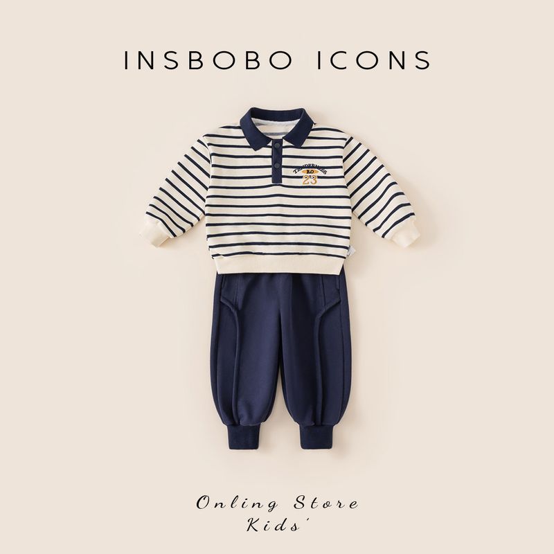 Insbobo Boys  Spring Outfit 2026 New Spring Style Girls  Sweatshirt Casual Children s Striped Long-Sleeve Off-White 100 cm