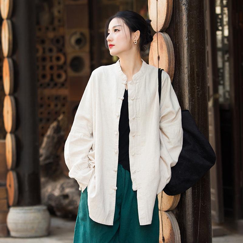 Cotton and linen women's top, new Chinese style cardigan, spring and autumn coat, zen loose tea clothes, button-down long-sleeved shirt