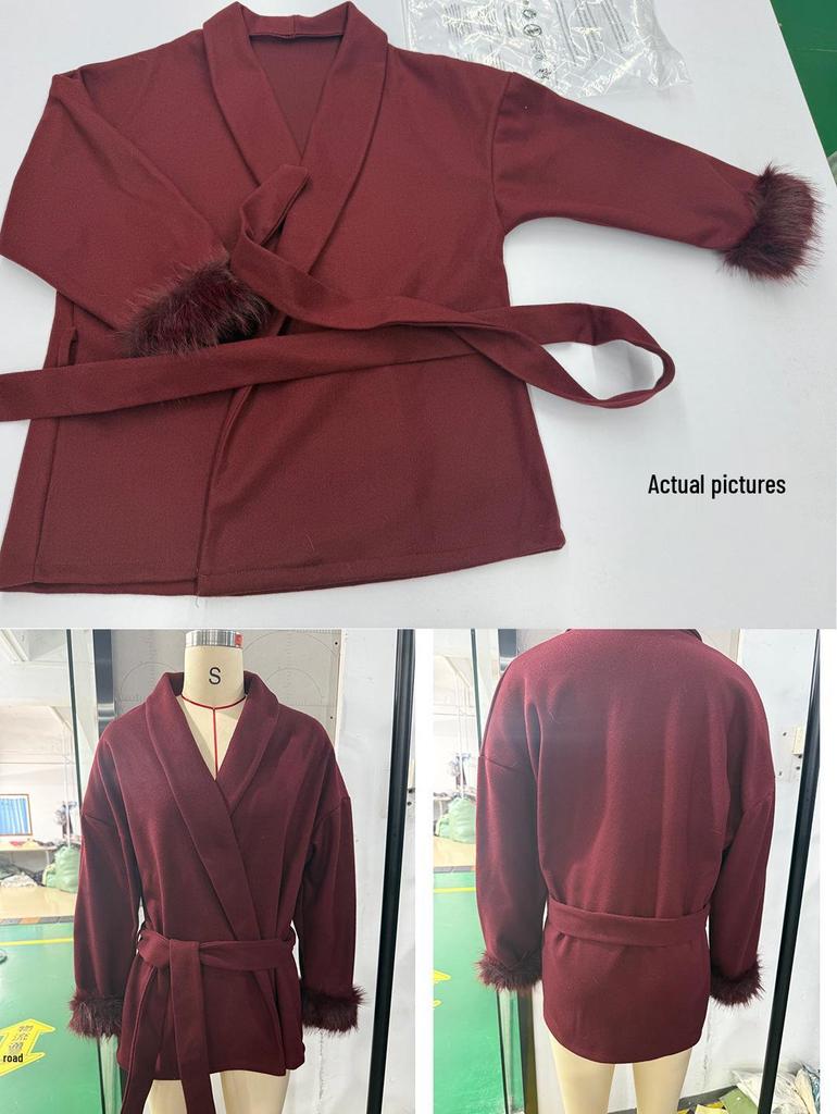 2025 A/W Women's French Tweed Short Coat with Fur Cuffs, V-neck, and Tie-waist - Solid Color.