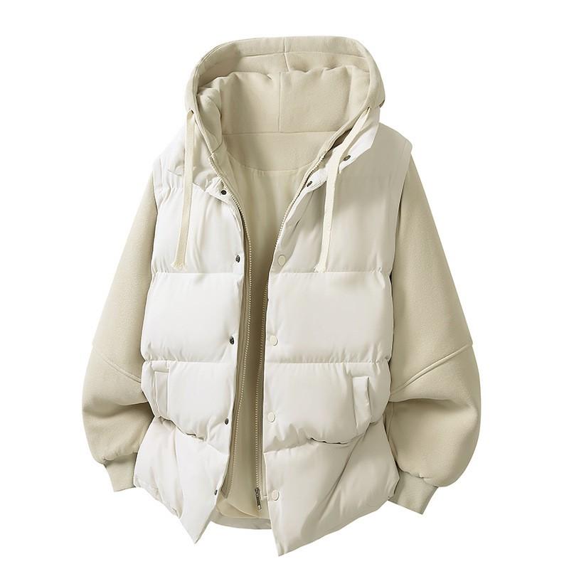 Mens Winter Puffer Jacket Faux Two-Piece Thick Hooded Loose Cotton Coat Teens