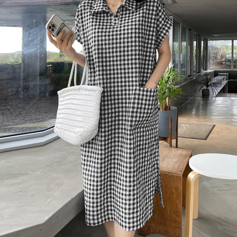 

ZANZEA Women Casual Turn Down Collar Grid Print Short Sleeve Shirt Dress 3XL