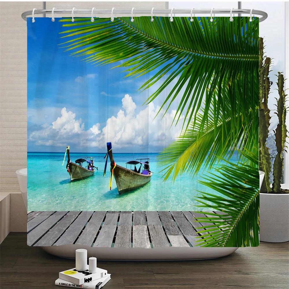 Waterproof Shower Curtain For Bathroom Sunny Sea Beach landscape Print Bathtub Curtains Polyester Bathroom Curtain with 12 Hooks