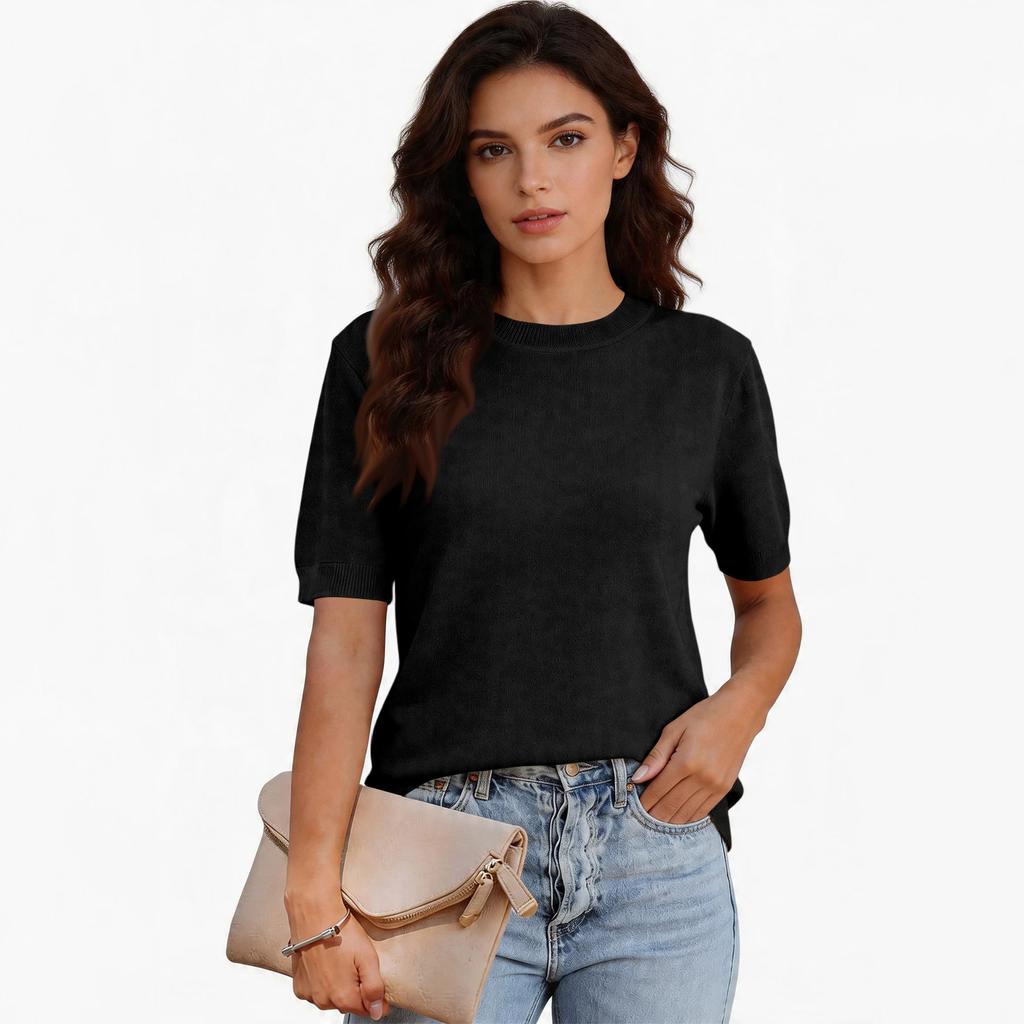 Women Pullover Sweater Wool Blend Short Sleeve Crew Neck Casual Lightweight Knitwear for Everyday Wear