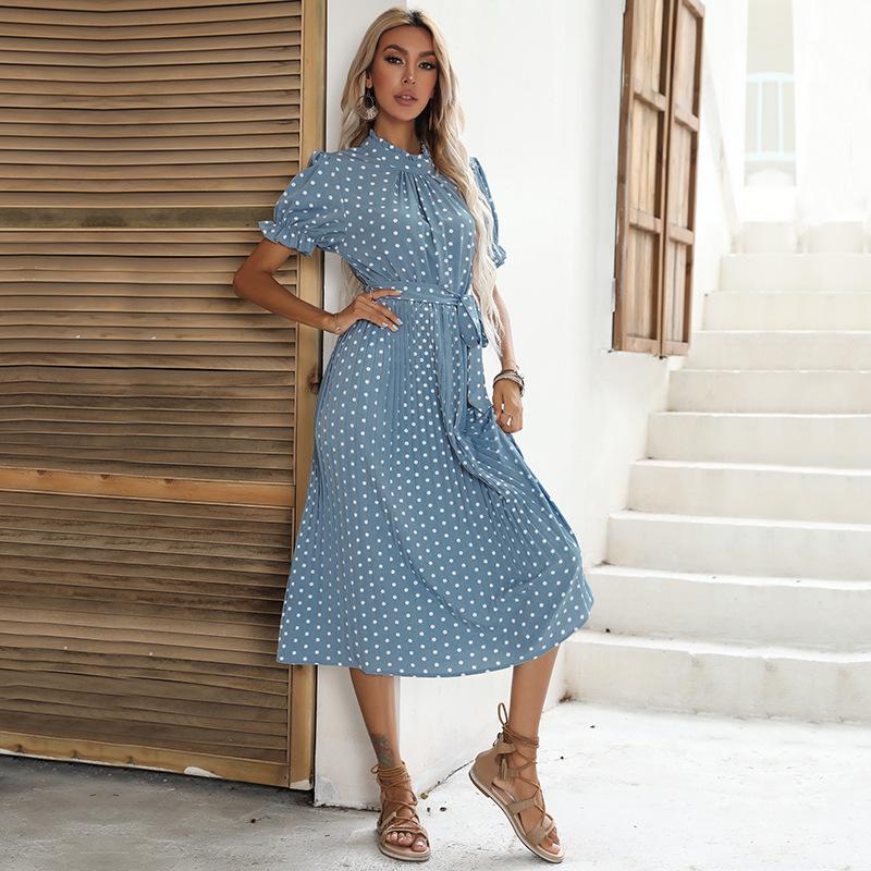 

Women s Mid-length Short-sleeved Polka Dot Lace-up Pleated Dress S