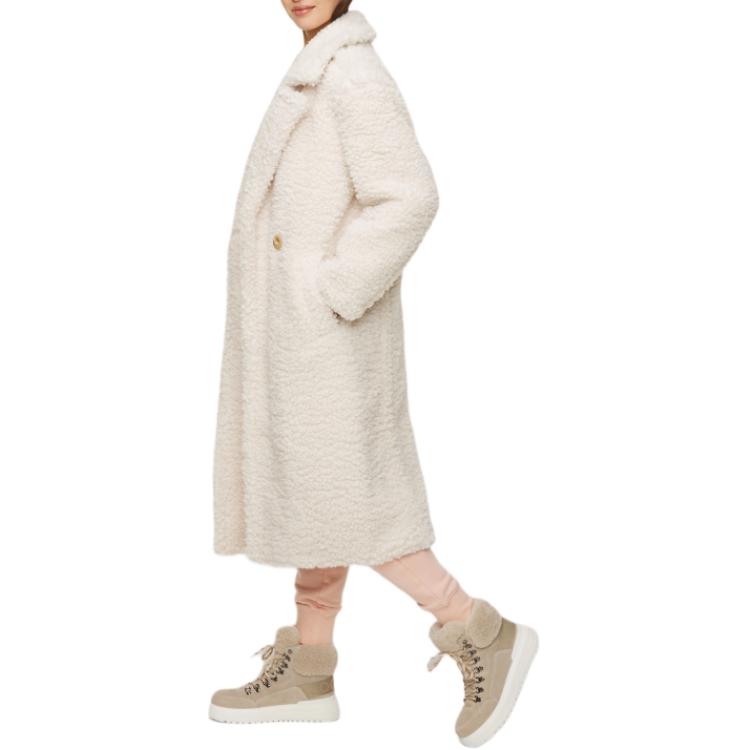 UGG Gertrude Long Teddy Coat Solid Color Lapel Double-Breasted Fitted Long Sleeve Mid-Length Coat Women coats White 1120631-WHITE