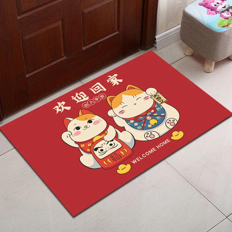 New Year Lucky Cat Floor Mats Entrance Door Mats Bedroom Housewarming New Home in And Out of Peace and Joy Washable Carpet Rug 1p40x60x1cm
