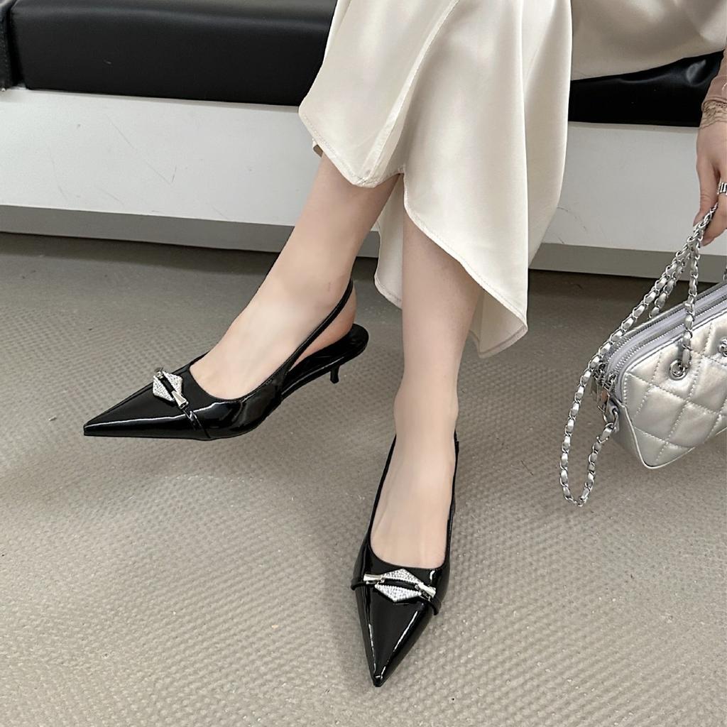 Spring New French Rhinestone Buckle Pointed Head Thin Heel High Heel European and American Fashion Bag Head Women's Shoes Rear Empty Women's Sandals