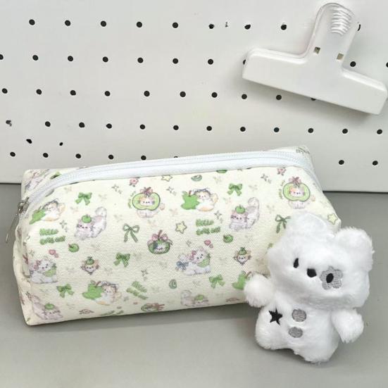Pencil Case Green Kitten Print Large Capacity Stationery Organizer Smooth Zipper Closure