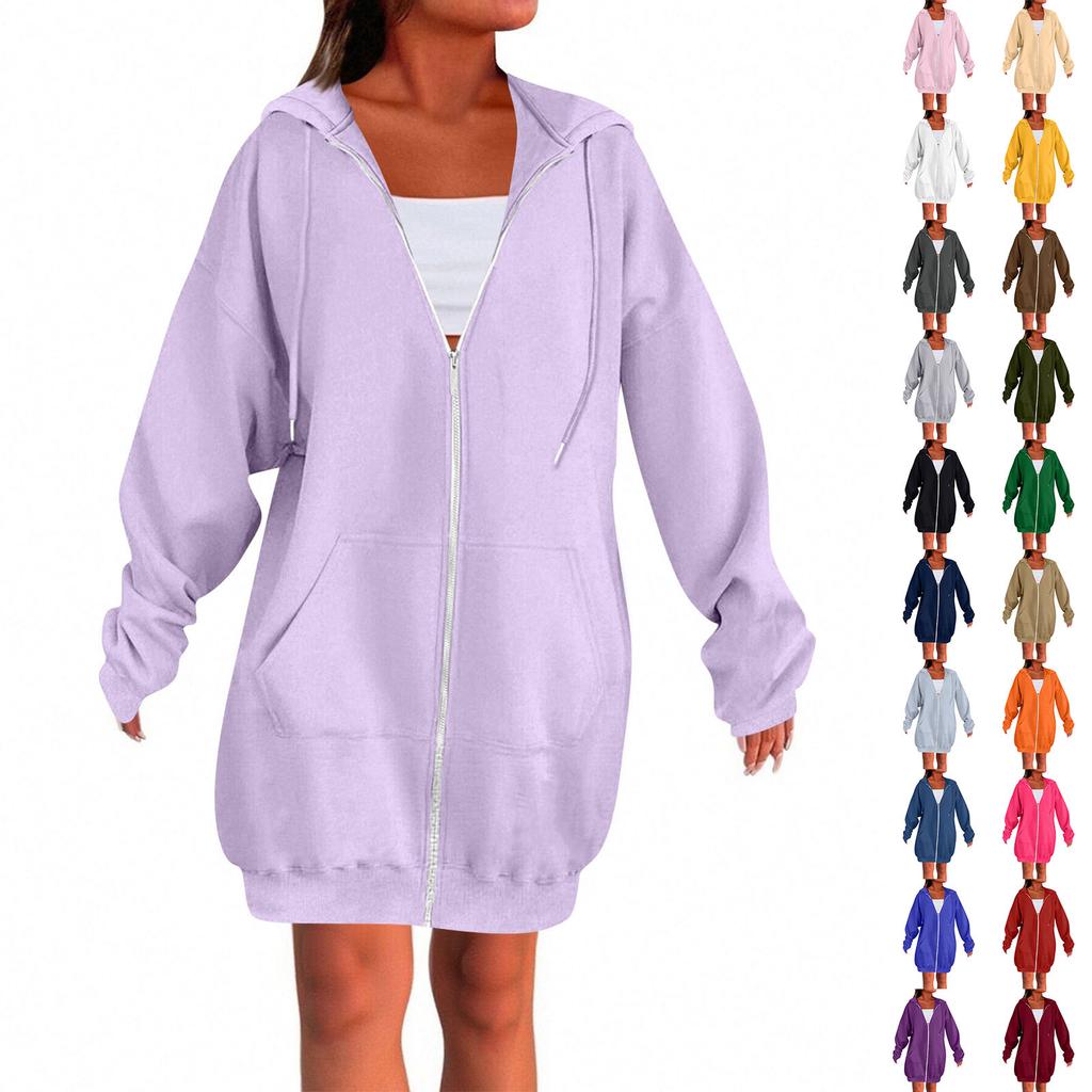 Women's Solid Color Zippered Sweatshirt Top Daily Casual Raglan Long Jacket (Without Hood Drawstring)