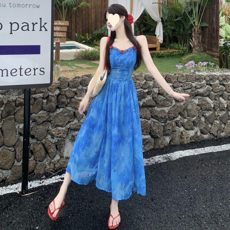 

Holiday style blue suspender dress children s summer lace splicing design waist pinch thin floral dress S