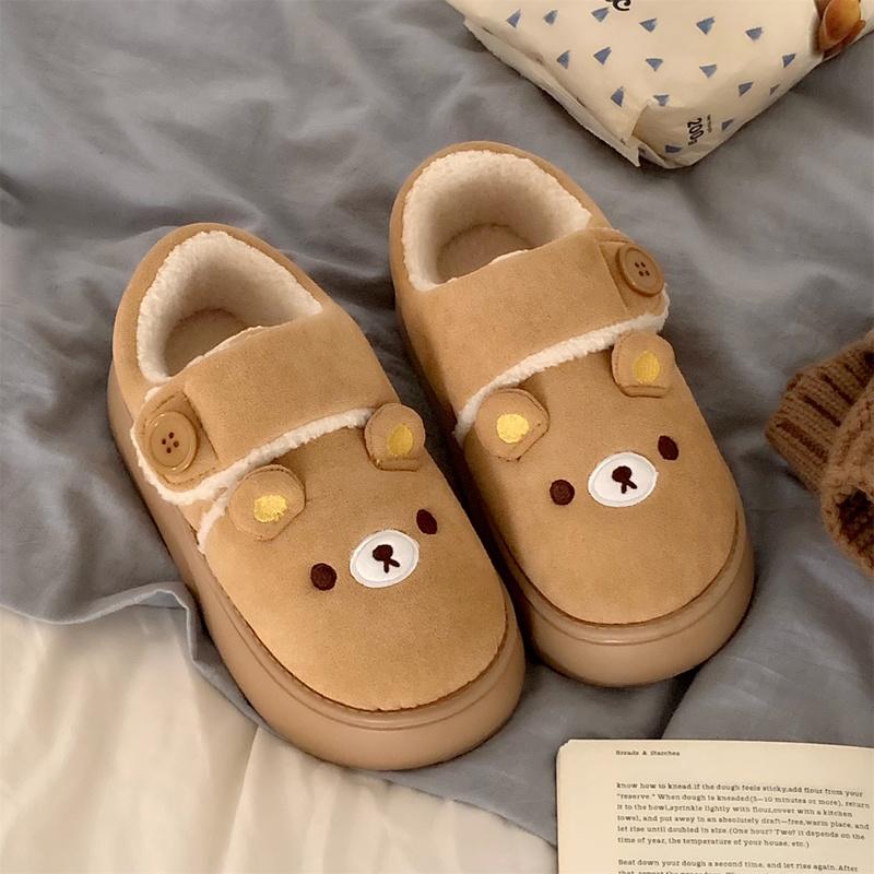 Kawaii Button Rilakkuma Lok Fu Bread Shoes Ladies Wear Non-Slip Thick-Soled Winter Hook and Loop Cotton Shoes