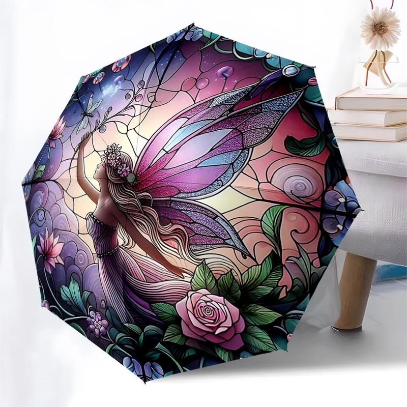 

1pc Stained Glass Fairy Design Automatic Folding Umbrella - Portable Tri-Fold Design with Iron Frame - Outdoor - Ideal Gift for Fans, Travelers, Daily