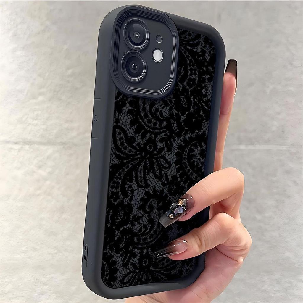 Black Lace Floral Grooved Phone Case for iPhone 14-17 Pro Max