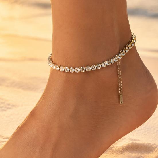 Rhinestone Ankle Bracelet 4mm Cubic Zirconia Classic Tennis Bracelet, Adjustable Anklet Boho Style for Women, Hypoallergenic Dainty Foot Jewelry