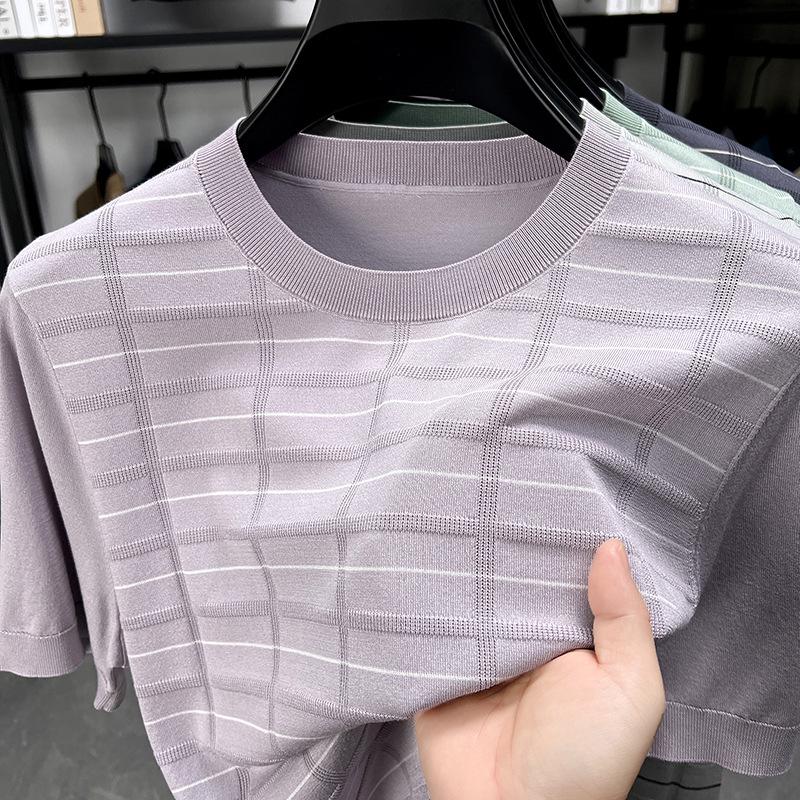Men's Striped Round Neck Tencel Cotton Silk Short Sleeve T-shirt