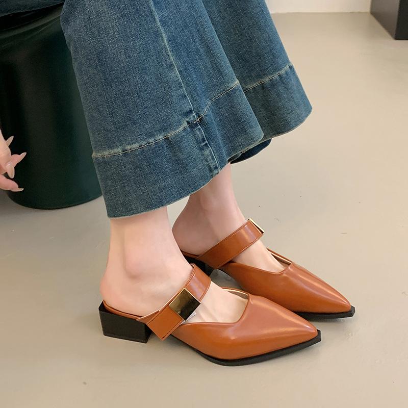 Retro medium heel bag head half slippers women's shoes wear 2025 new summer Korean version small leather shoes Mary Jane shoes
