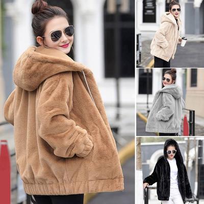 Winter Women Jacket Thick Plush Faux Rabbit Fur Mid Length Hooded with Pockets Long Sleeves Windproof Zip-up Cardigan Coat