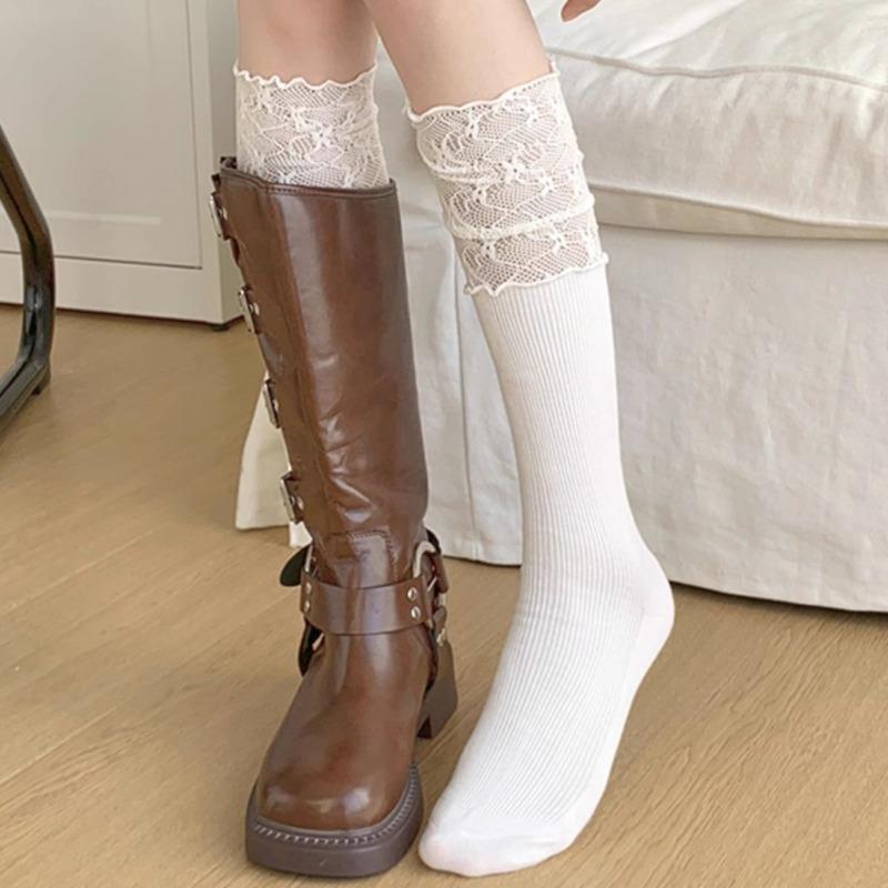 White Calf Socks, Women's Lace Ballet-style Thigh-high Socks with Long Boots, Spring and Summer Thin Boot Socks Patchwork Pile Socks