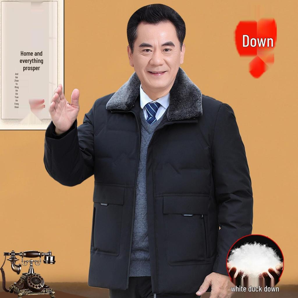 Men's Thickened Lapel Collar Down Jacket with Fleece Lining - Winter Short Style for Middle-Aged and Elderly