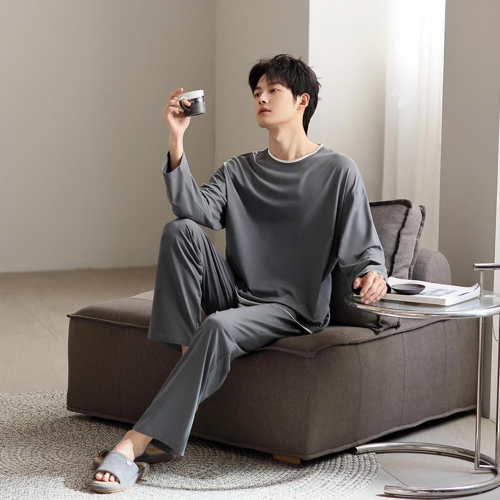 Men's Modal Long Sleeve Pajamas - Casual Spring/Autumn Wear, Teen & Plus Size