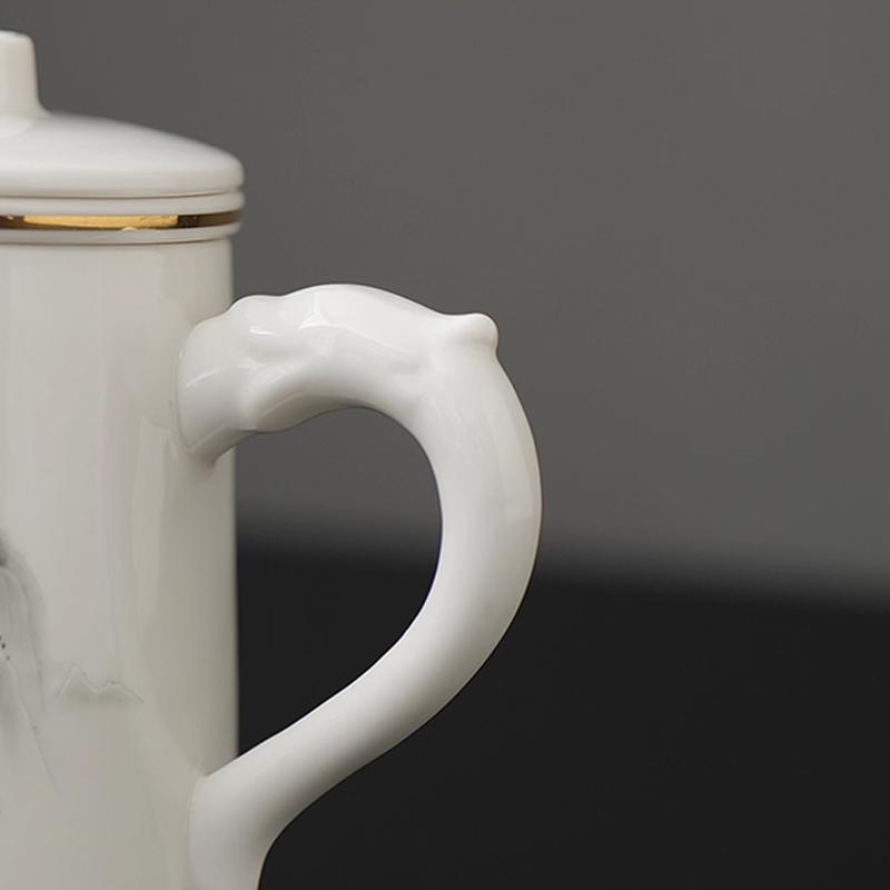Chinese Style Pattern Tea Filtering and Separation Cup, With Cover White Porcelain Personal Mug, Home Drinkware Ceramic Cup, 1Pc