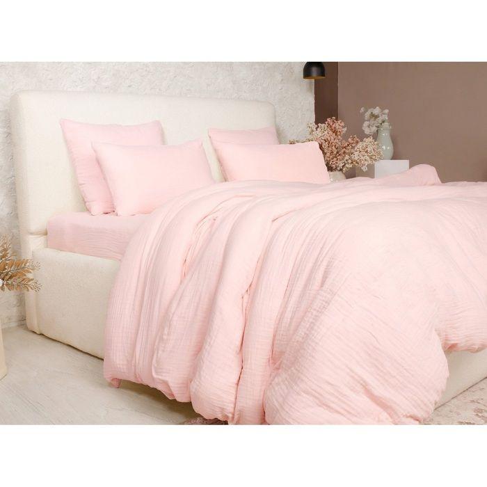 Housse De Couette + Taies Gaze De Coton Lave 240 X 260 Cm Douceur Rose