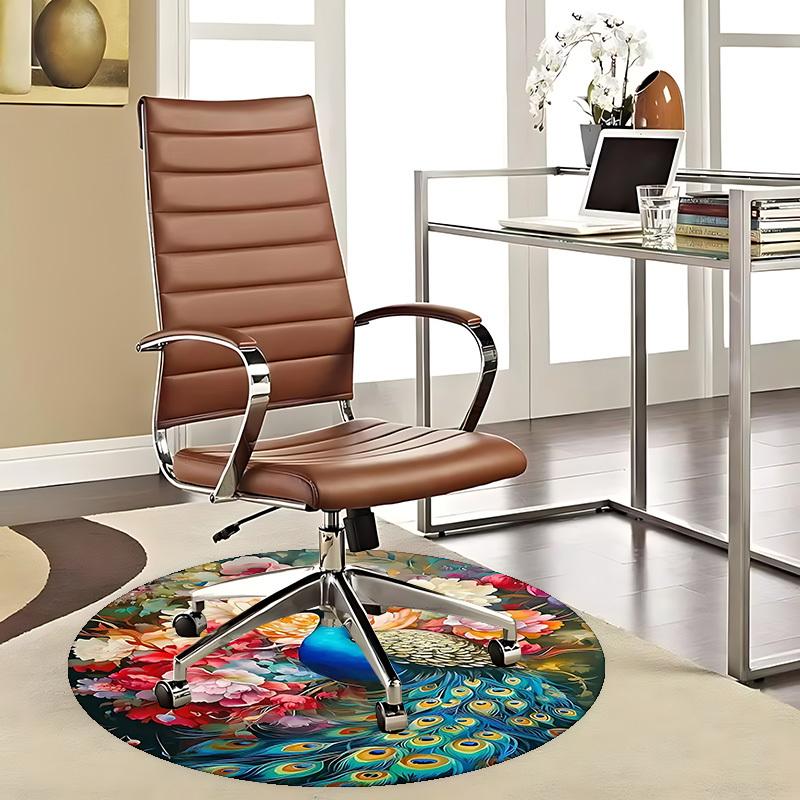 1pc Peacock Floral Round Carpet Anime Design Office Chair Mat, Non Slip Rug for Home Decor, Gift, Office, Living Room, Bedroom