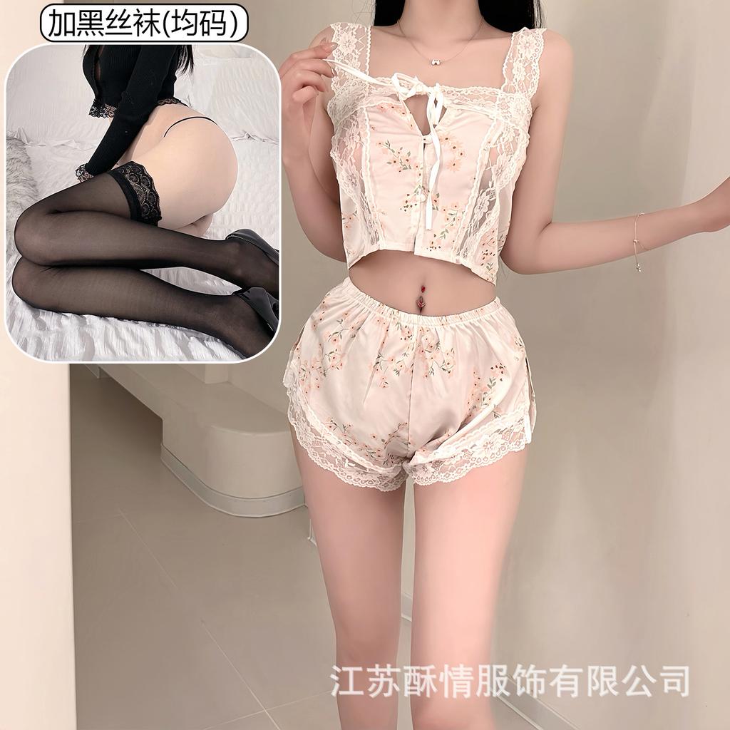 Crispy Sexy Sweet and Spicy Women's Summer Ice Silk Thin Pure Desire Suspender Shorts Two-piece Set Lace Temptation Set